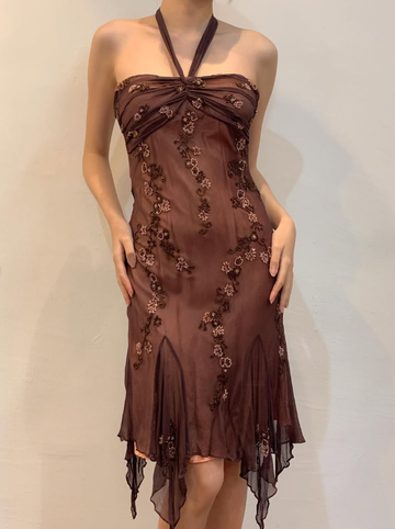 Vintage Sheath Halter Beaded Brown Chiffon Short Homecoming Dress Evening Dress HZ1023